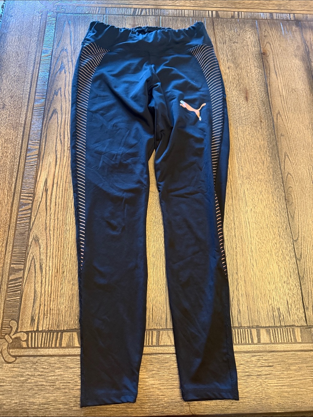 Puma Black Leggings with Pink Logo and Side Stripe Detail